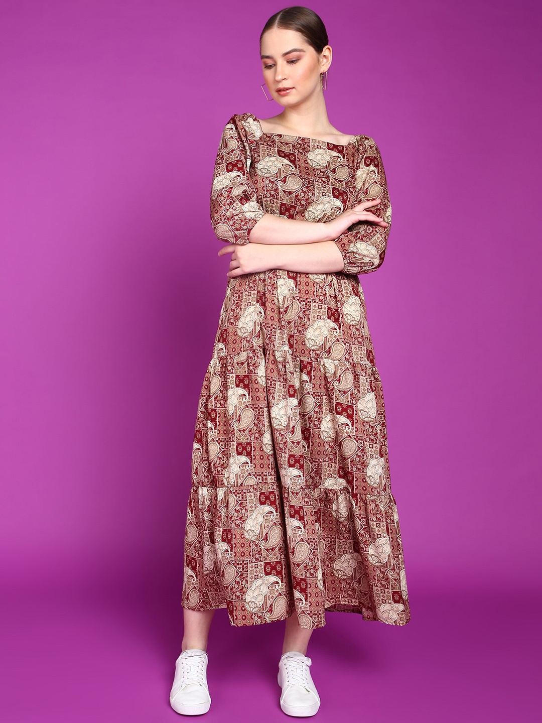 

Popwings Ethnic Motifs Printed Maxi Dress, Maroon