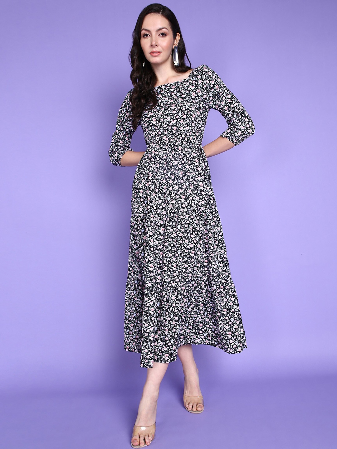 

Popwings Floral Print Fit & Flare Midi Dress, Black