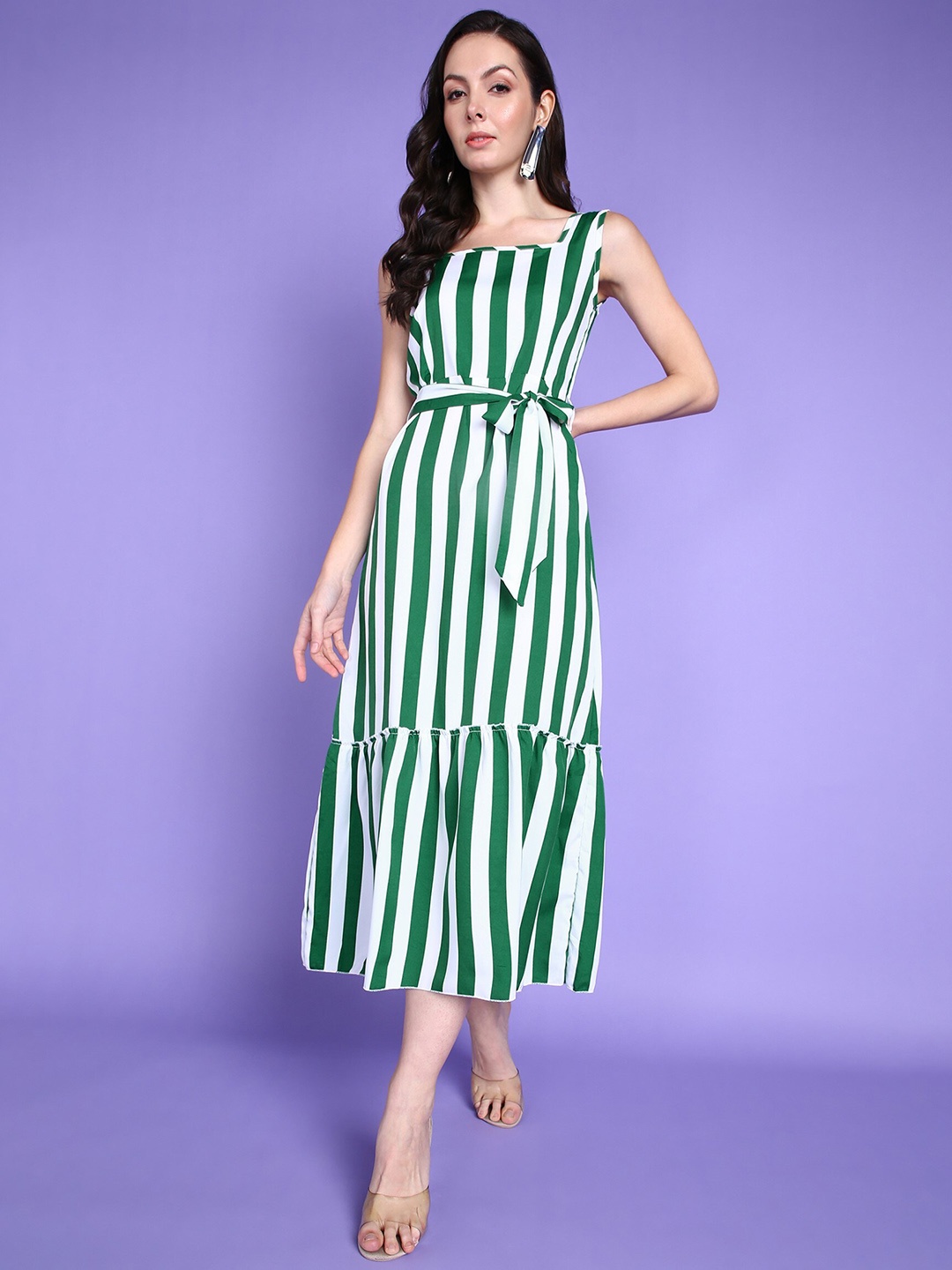 

Popwings Striped Belted A Line Dress, Green