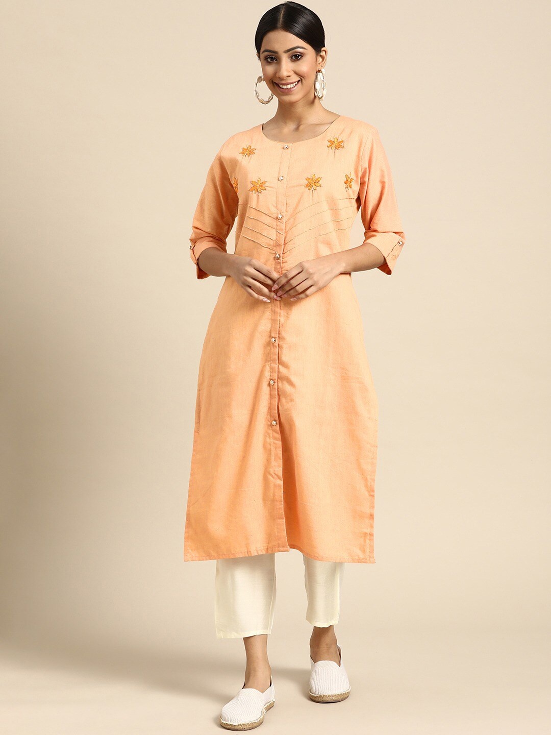 

Sangria Floral Embroidered A-Line Kurta With Trouser Set, Peach