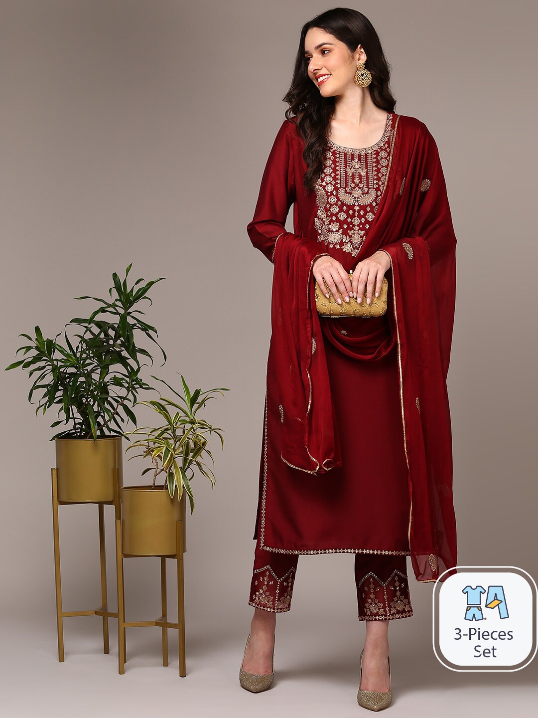 

AHIKA Ethnic Motifs Yoke Design Zari Regular Kurta With Trousers & Dupatta, Maroon