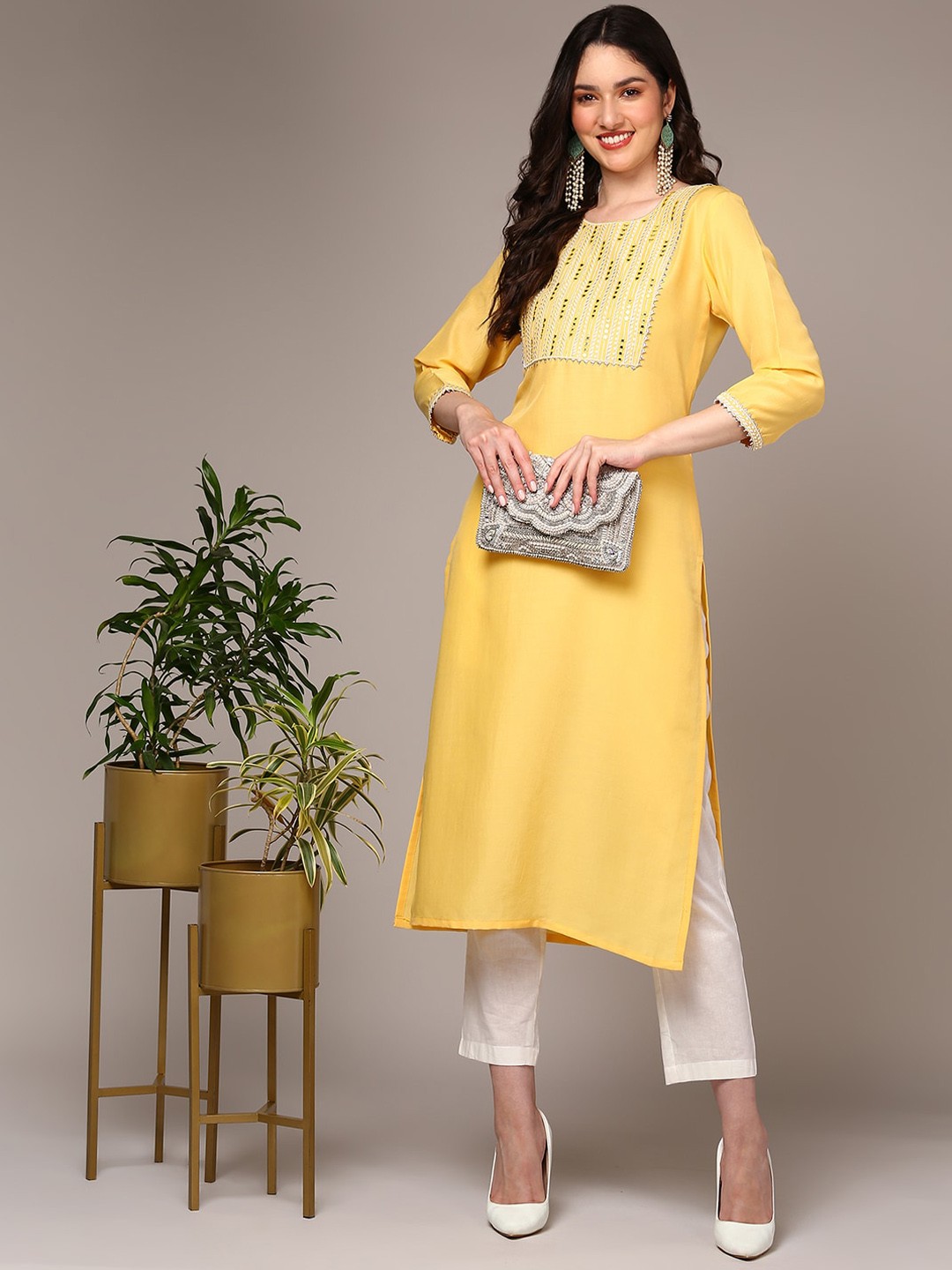 

AHIKA Ethnic Motifs Printed Thread Work Kurta, Yellow