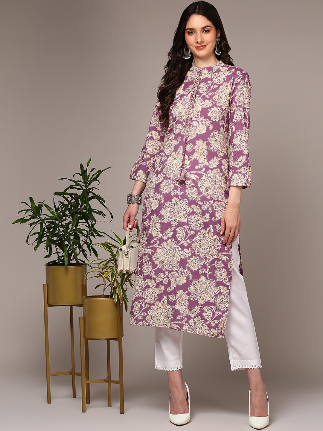

AHIKA Floral Printed Band Collar Cotton Kurta, Lavender