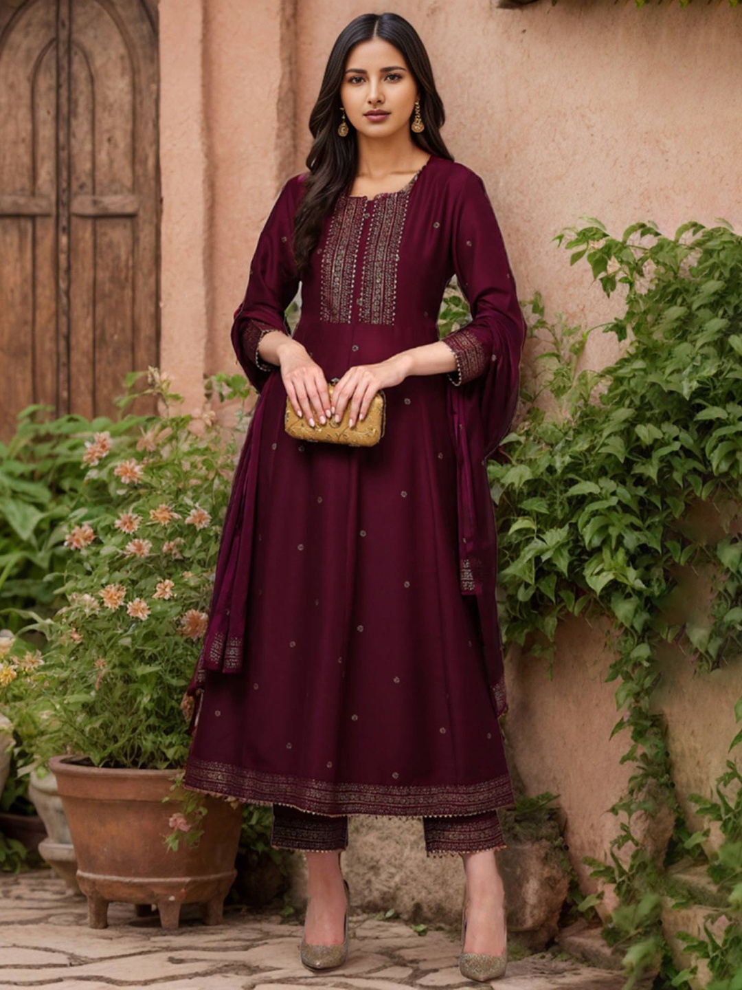 

AHIKA Ethnic Motifs Embroidered Zari Anarkali Kurta With Trousers & Dupatta, Burgundy