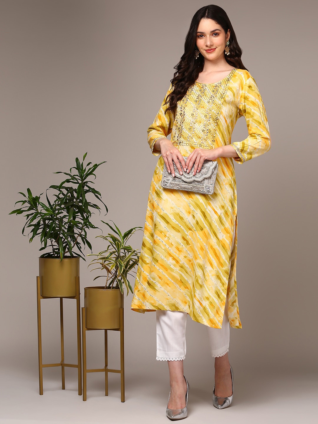AHIKA Leheriya Printed Thread Work Kurta, Yellow