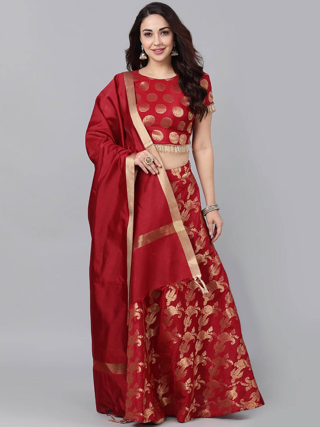 

AKS Couture Woven Design Brocade Zari Ready to Wear Lehenga & Blouse With Dupatta, Maroon