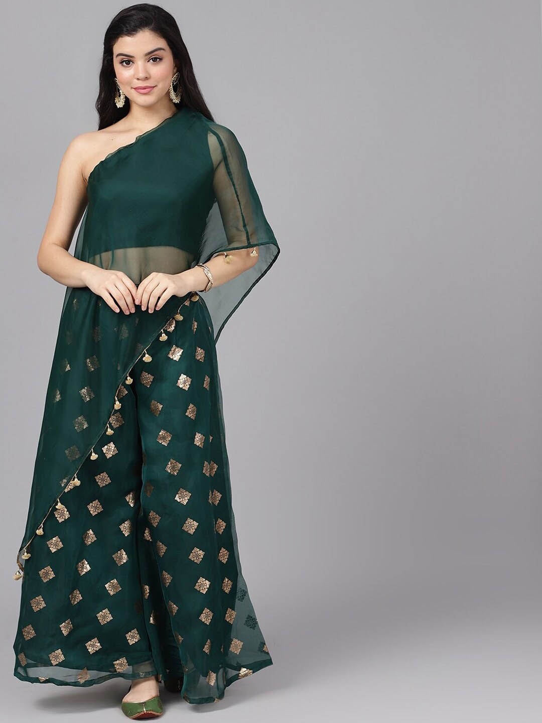 

AKS Couture Ethnic Motifs Foil Printed Ethnic Co-Ords, Green