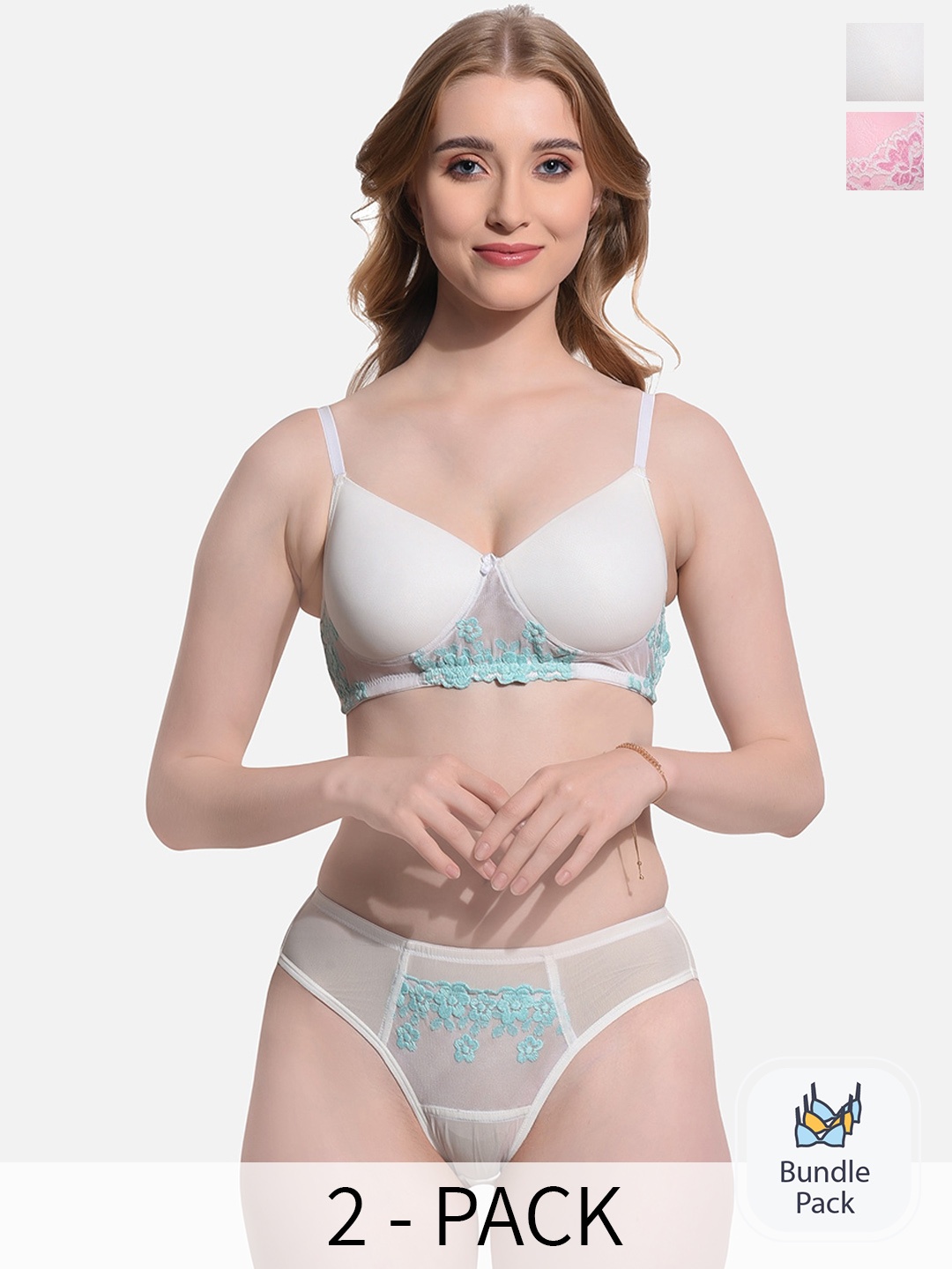 FIMS Pack Of 2 Self-designed Lightly Padded Lingerie Set, Pink