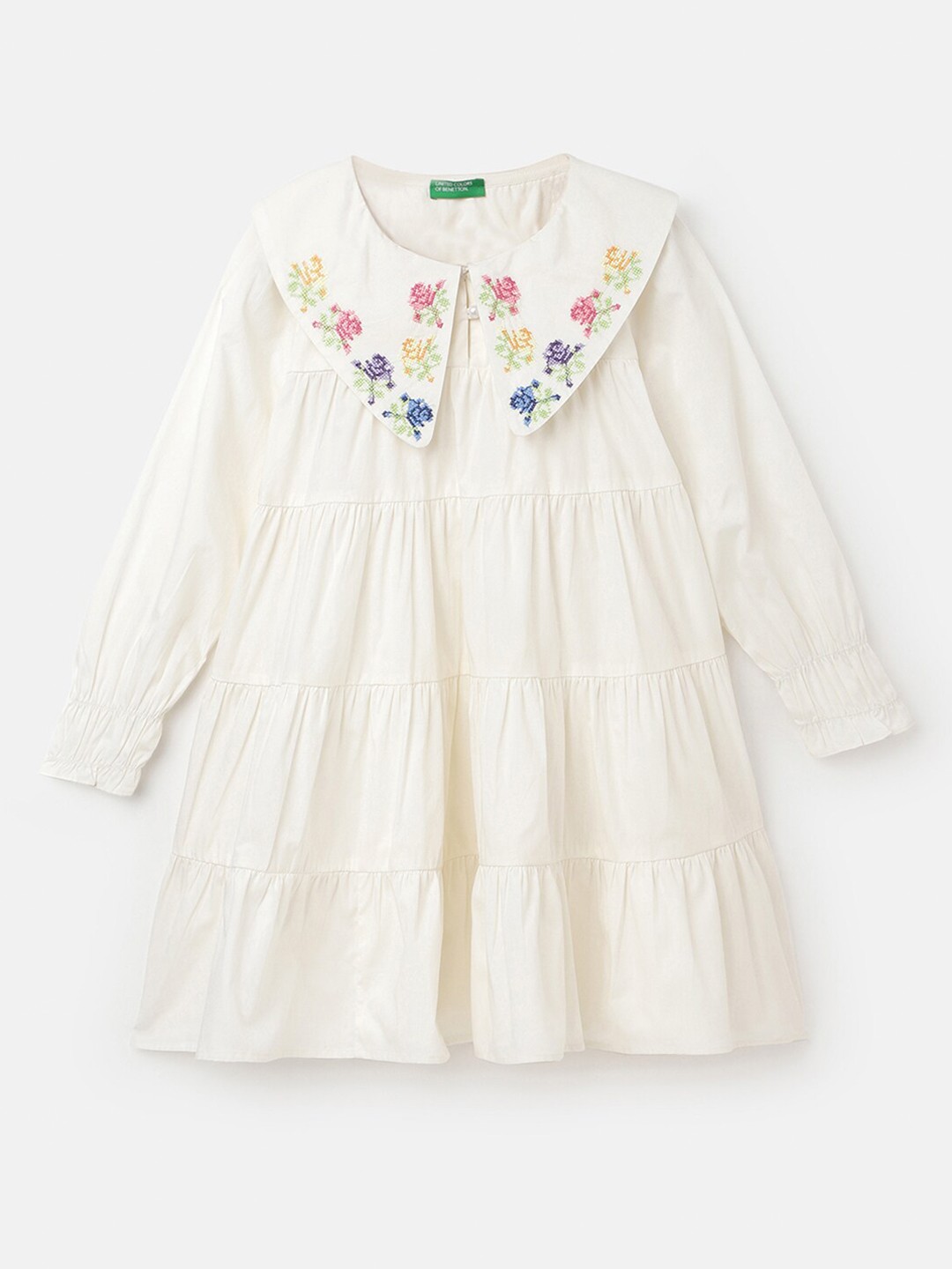 

United Colors of Benetton Girls Embroidered Puff Sleeves Cotton A-Line Dress, Cream