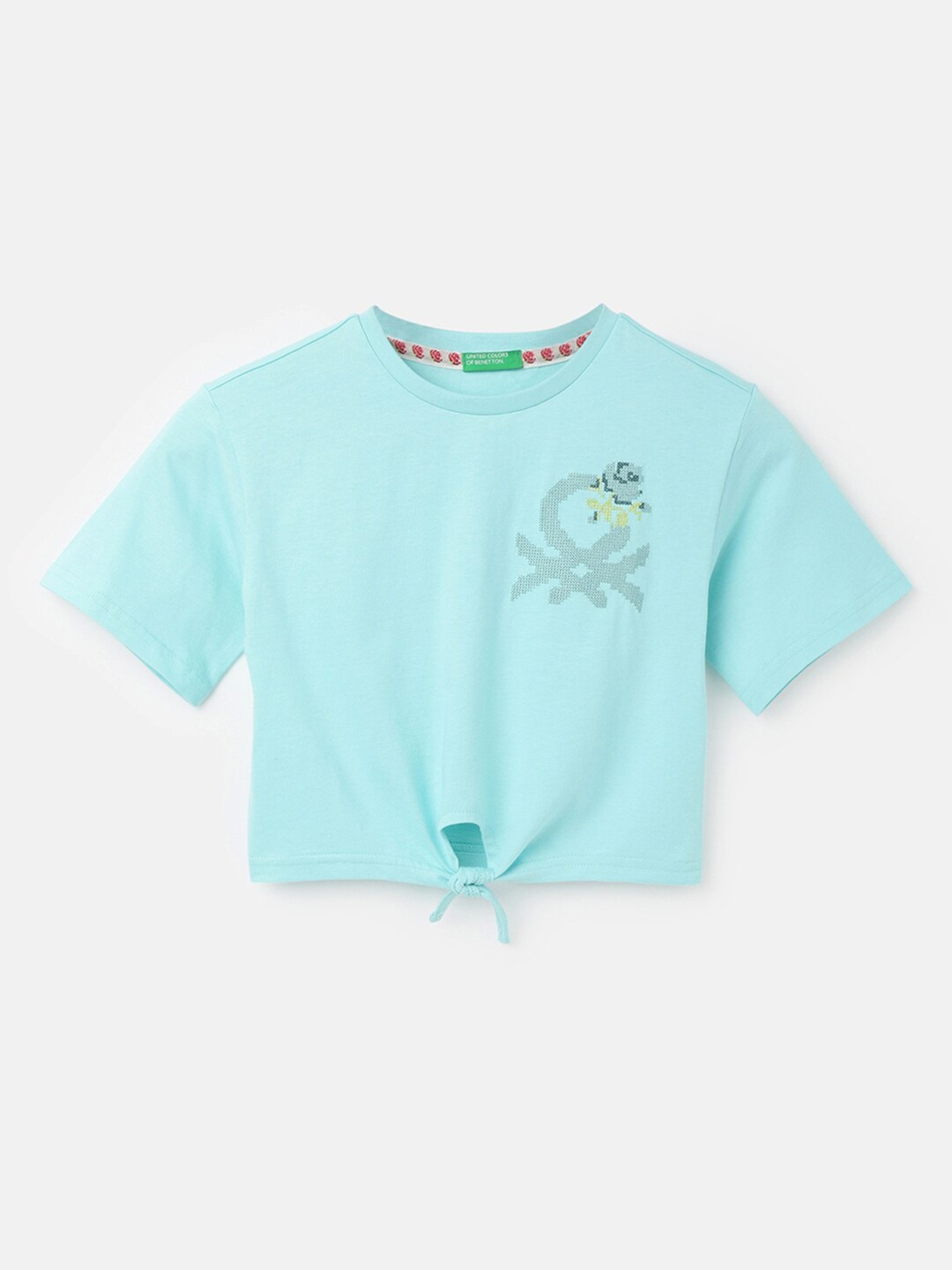 

United Colors of Benetton Girls Embroidered Waist Tie Ups Cotton Top, Turquoise blue