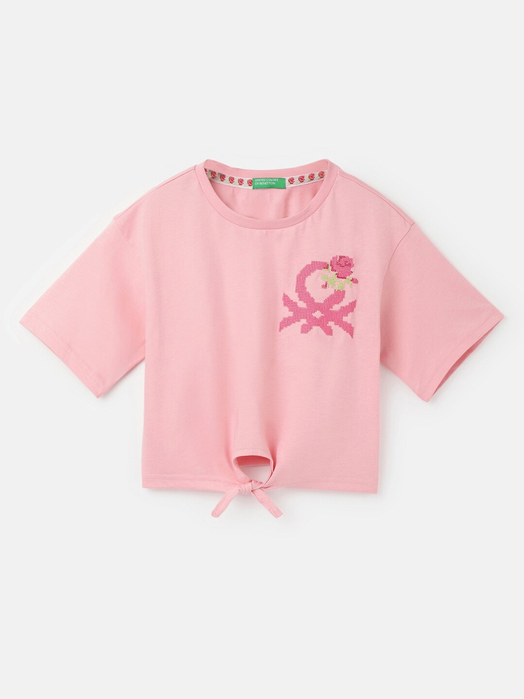 

United Colors of Benetton Girls Self Design Waist Tie Ups Cotton Top, Pink