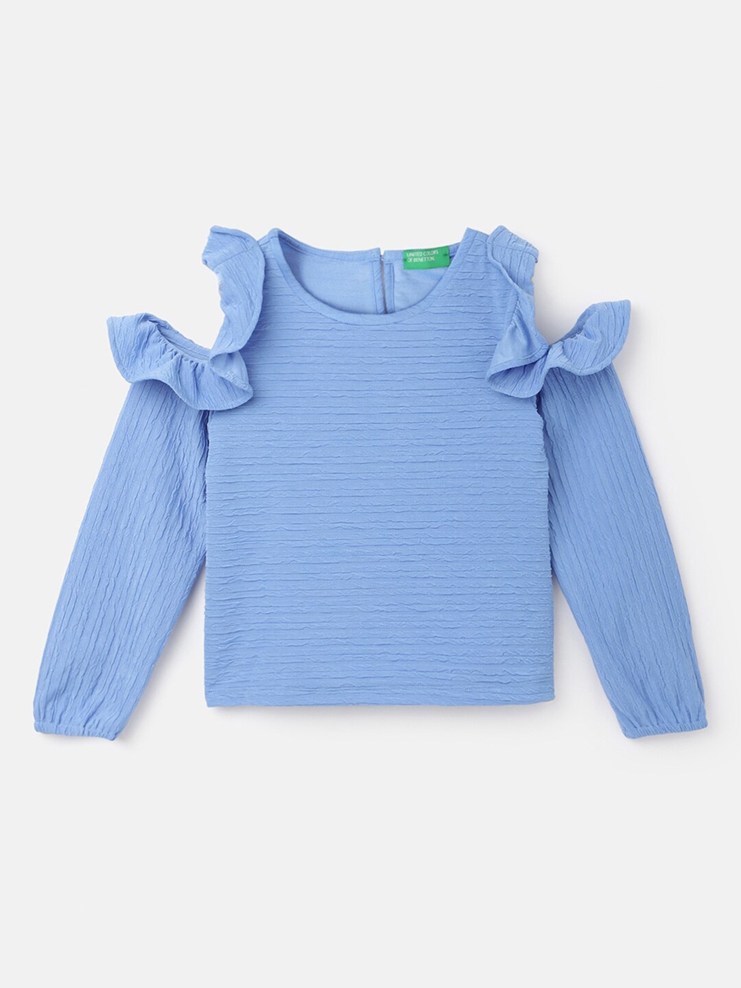 

United Colors of Benetton Girls Self Design Cold Shoulder Sleeves Ruffles Top, Blue