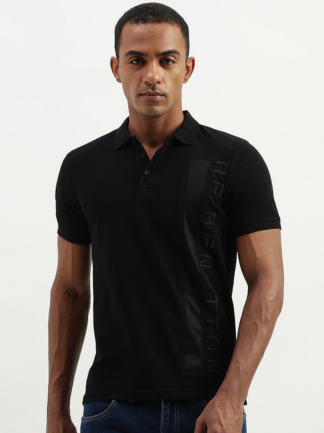 

United Colors of Benetton Typography Embroidered Polo Collar Cotton T-shirt, Black
