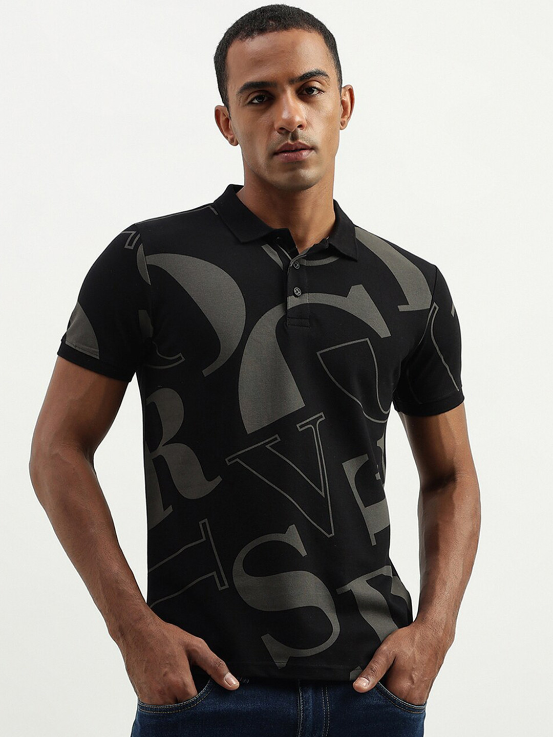 

United Colors of Benetton Typography Printed Polo Collar Cotton Casual T-shirt, Black