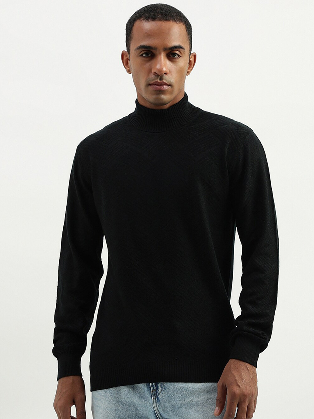 

United Colors of Benetton Self Design Turtle Neck Pullover, Black
