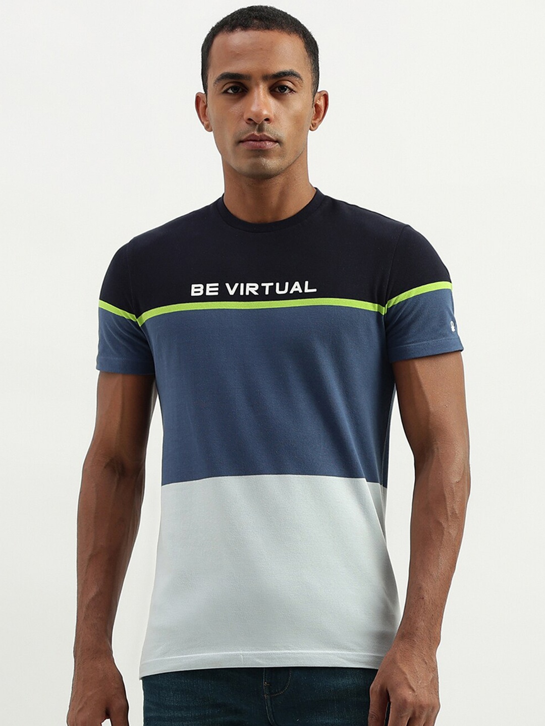 

United Colors of Benetton Colourblocked Short Sleeves Cotton T-shirt, Blue