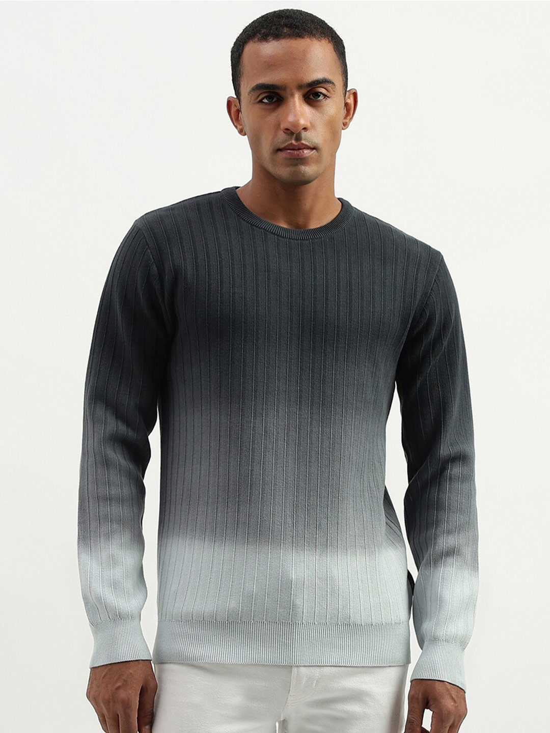 

United Colors of Benetton Men Ombre Striped Cotton Pullover, Grey