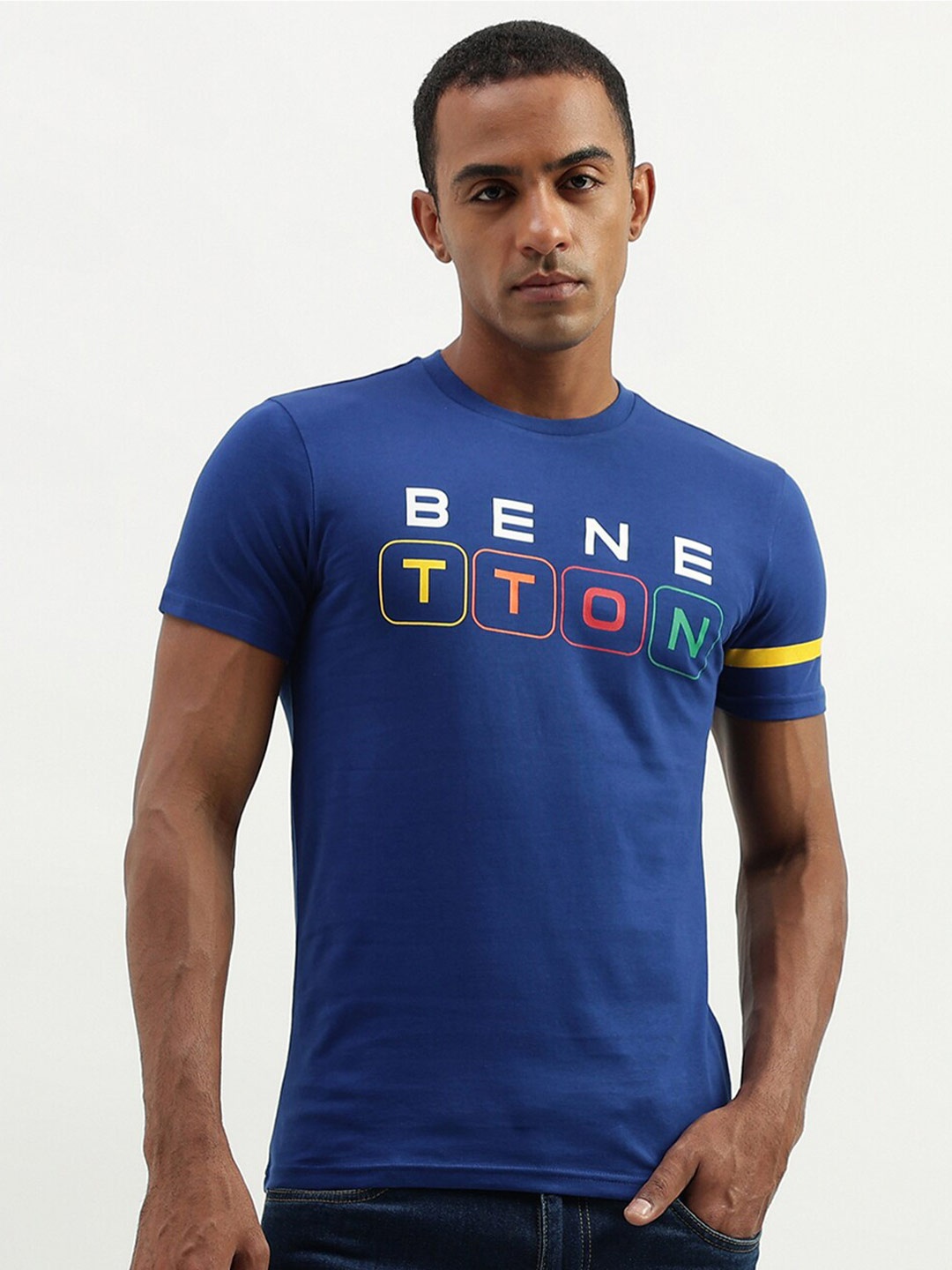 

United Colors of Benetton Colourblocked Short Sleeves Cotton T-shirt, Blue