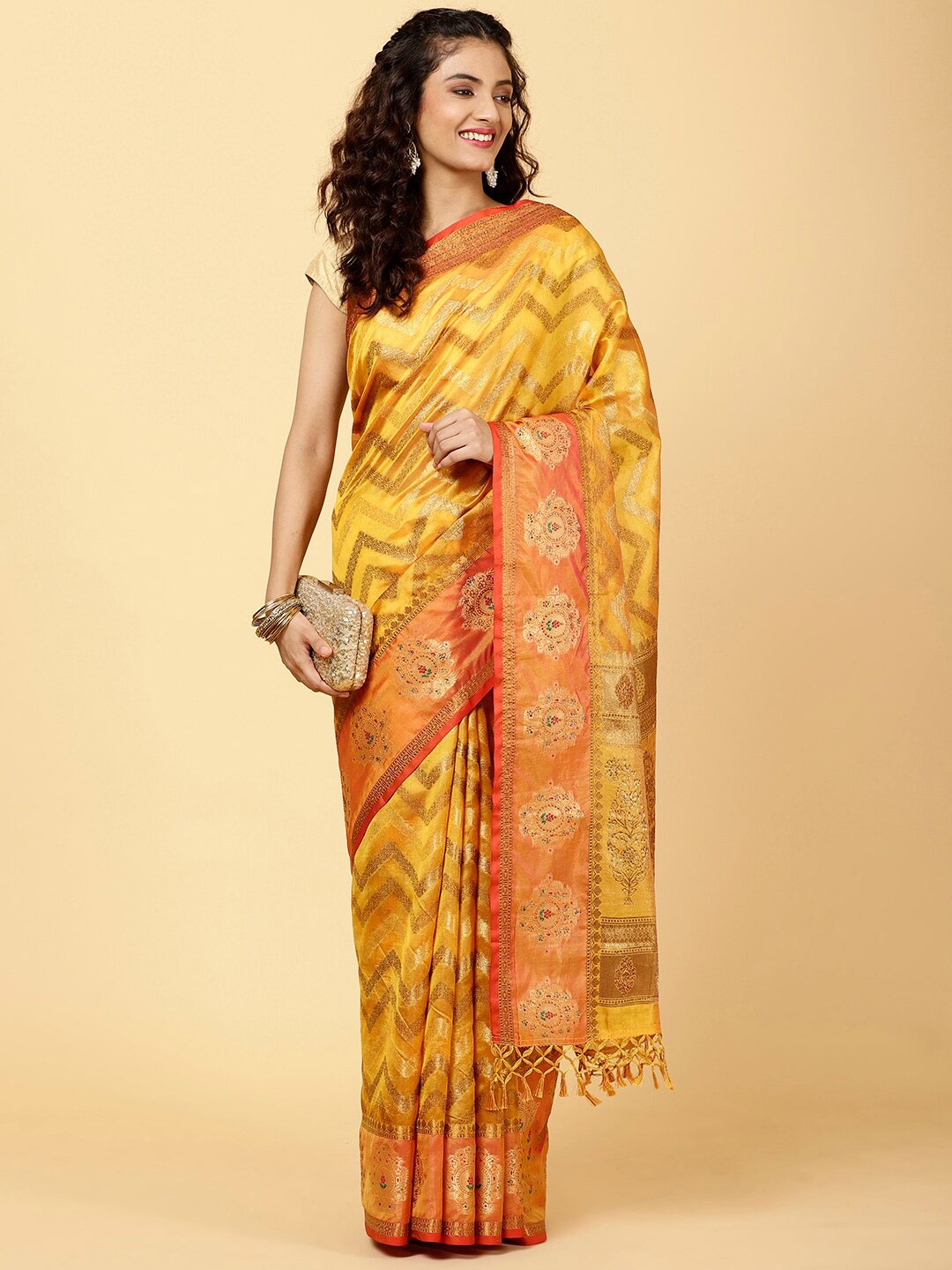 

Meena Bazaar Woven Design Zari Saree, Mustard