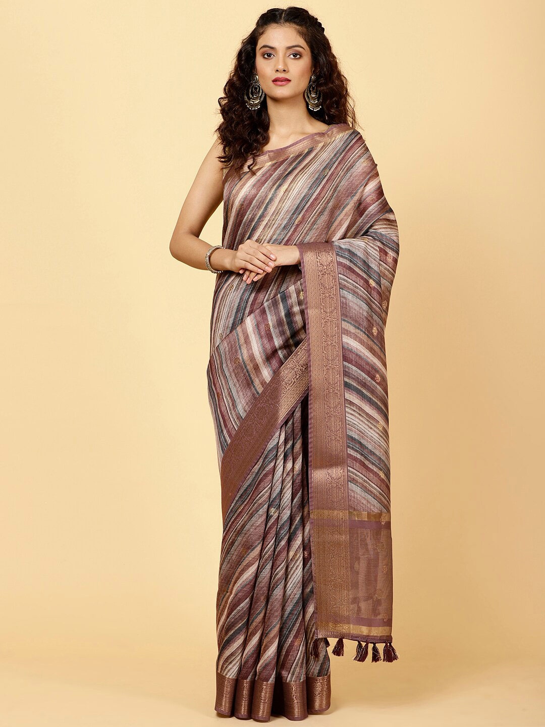 

Meena Bazaar Striped Zari Saree, Brown
