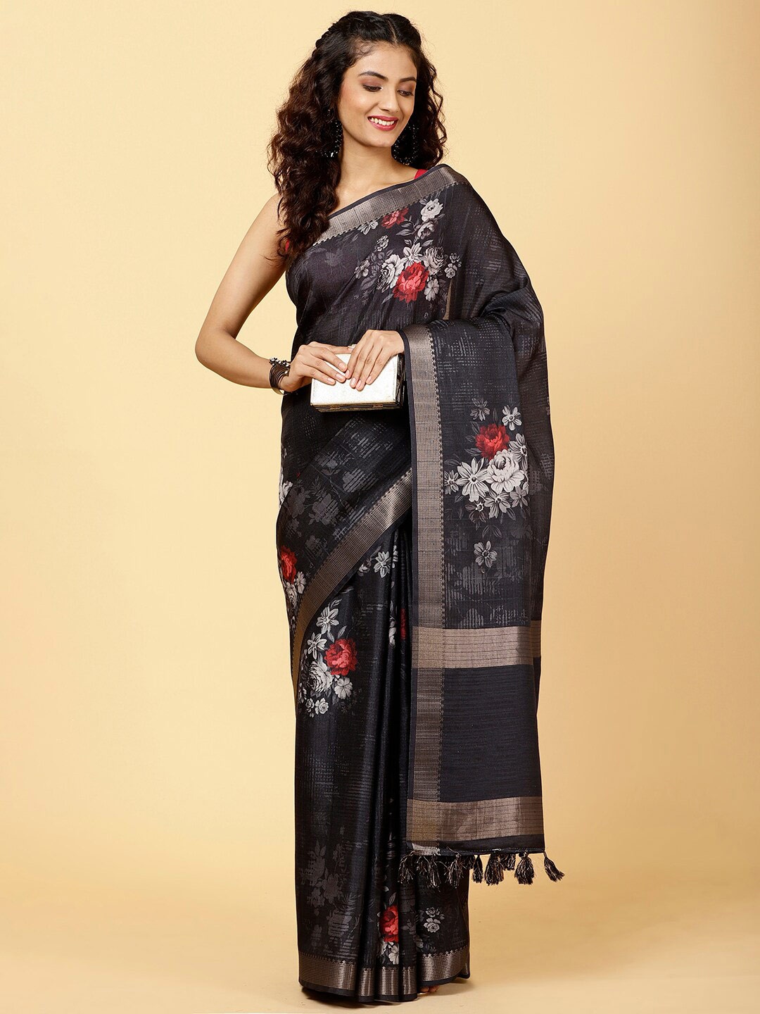 

Meena Bazaar Floral Printed Zari Saree, Black