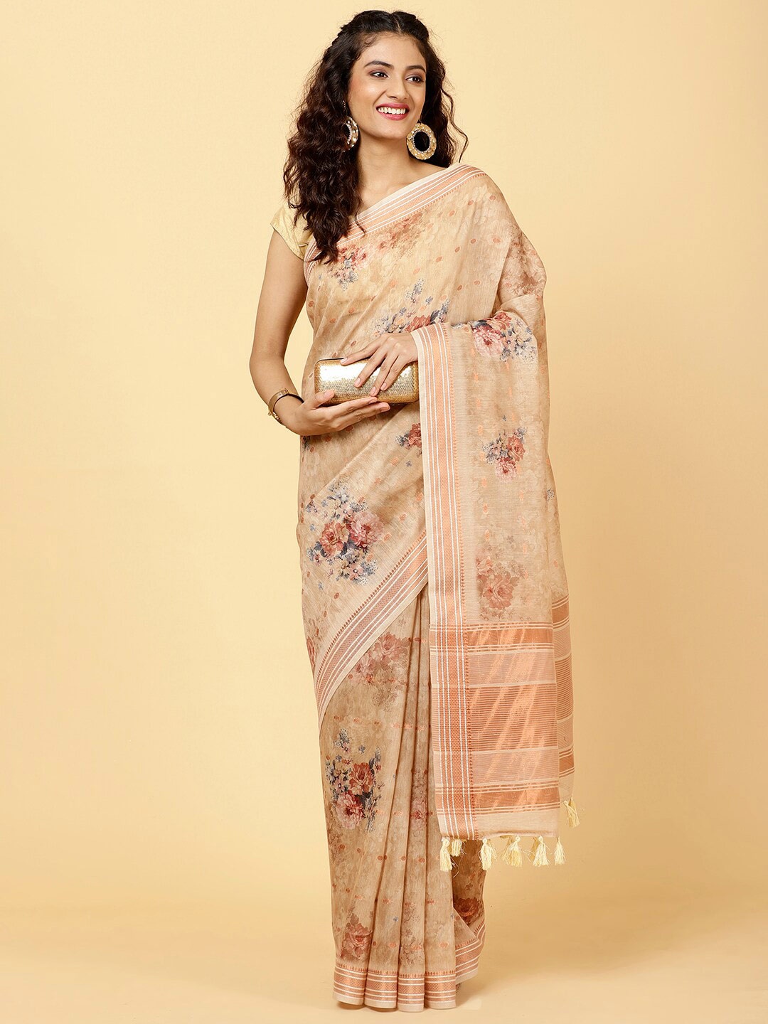 

Meena Bazaar Floral Printed Saree, Beige