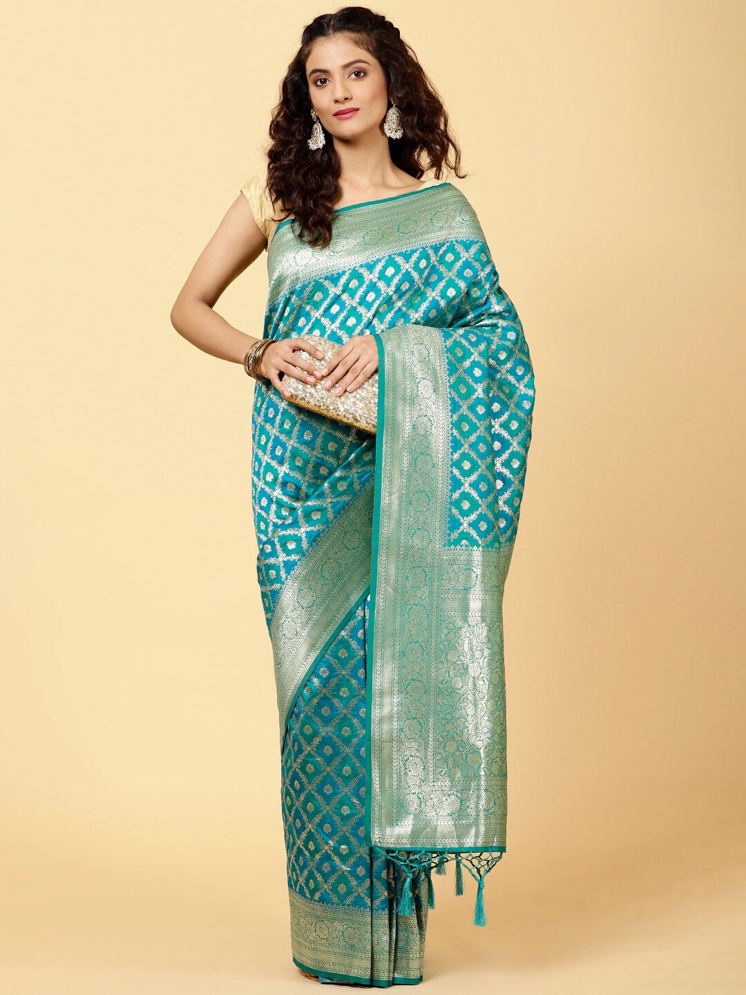 

Meena Bazaar Ethnic Motifs Woven Design Zari Saree, Sea green