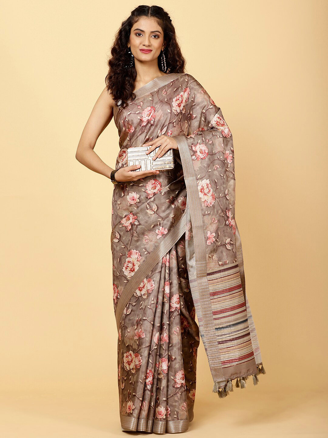 

Meena Bazaar Floral Printed Zari Saree, Beige