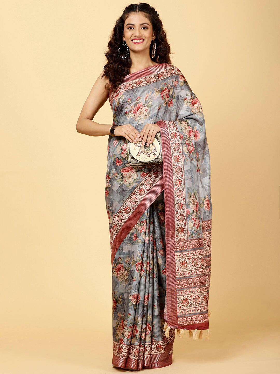 

Meena Bazaar Floral Printed Zari Saree, Grey