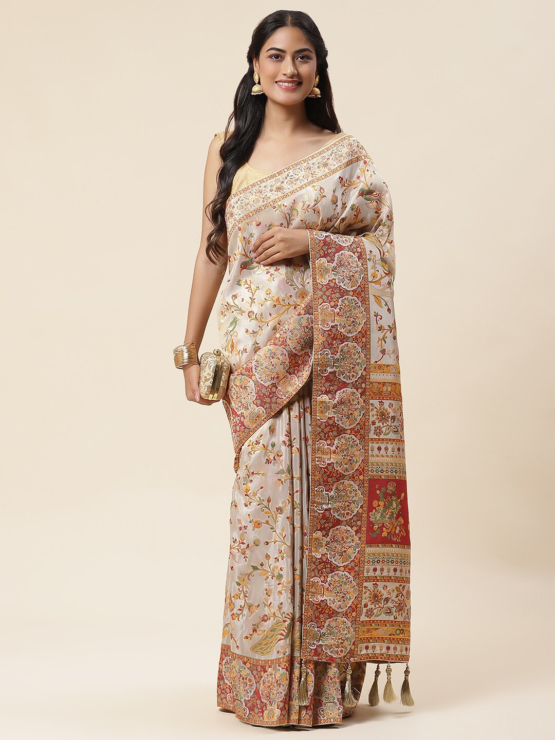 

Meena Bazaar Floral Woven Design Zari Saree, Beige