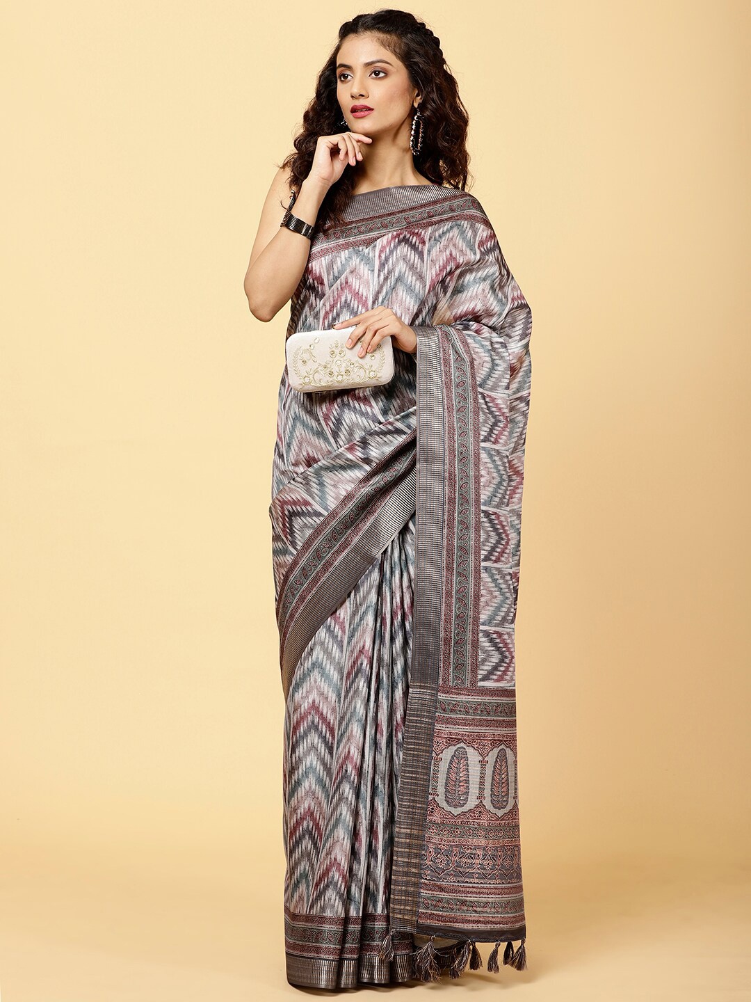 

Meena Bazaar Striped Woven Design Border Saree, Grey