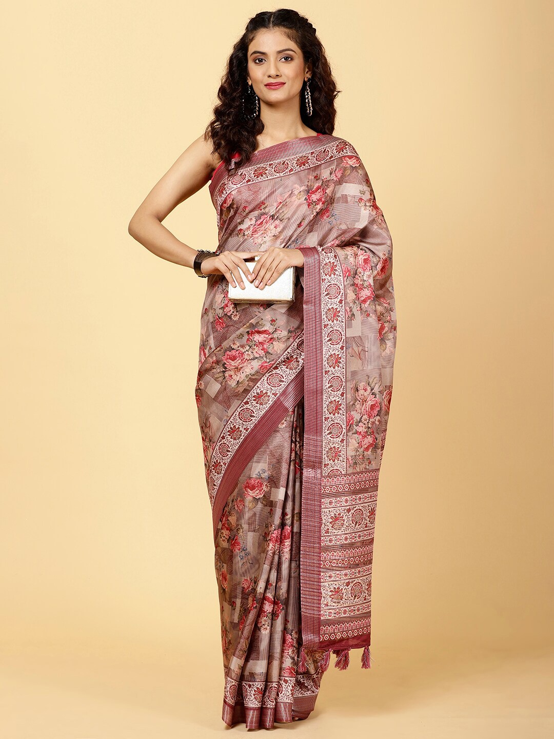 

Meena Bazaar Floral Printed Zari Saree, Beige