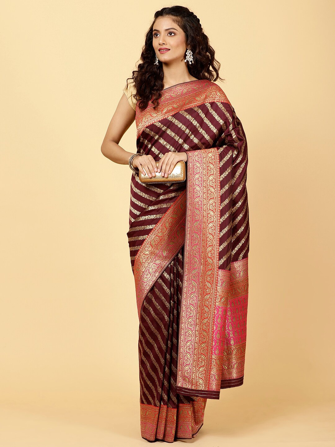 

Meena Bazaar Ethnic Motifs Woven Design Zari Banarasi Saree, Burgundy