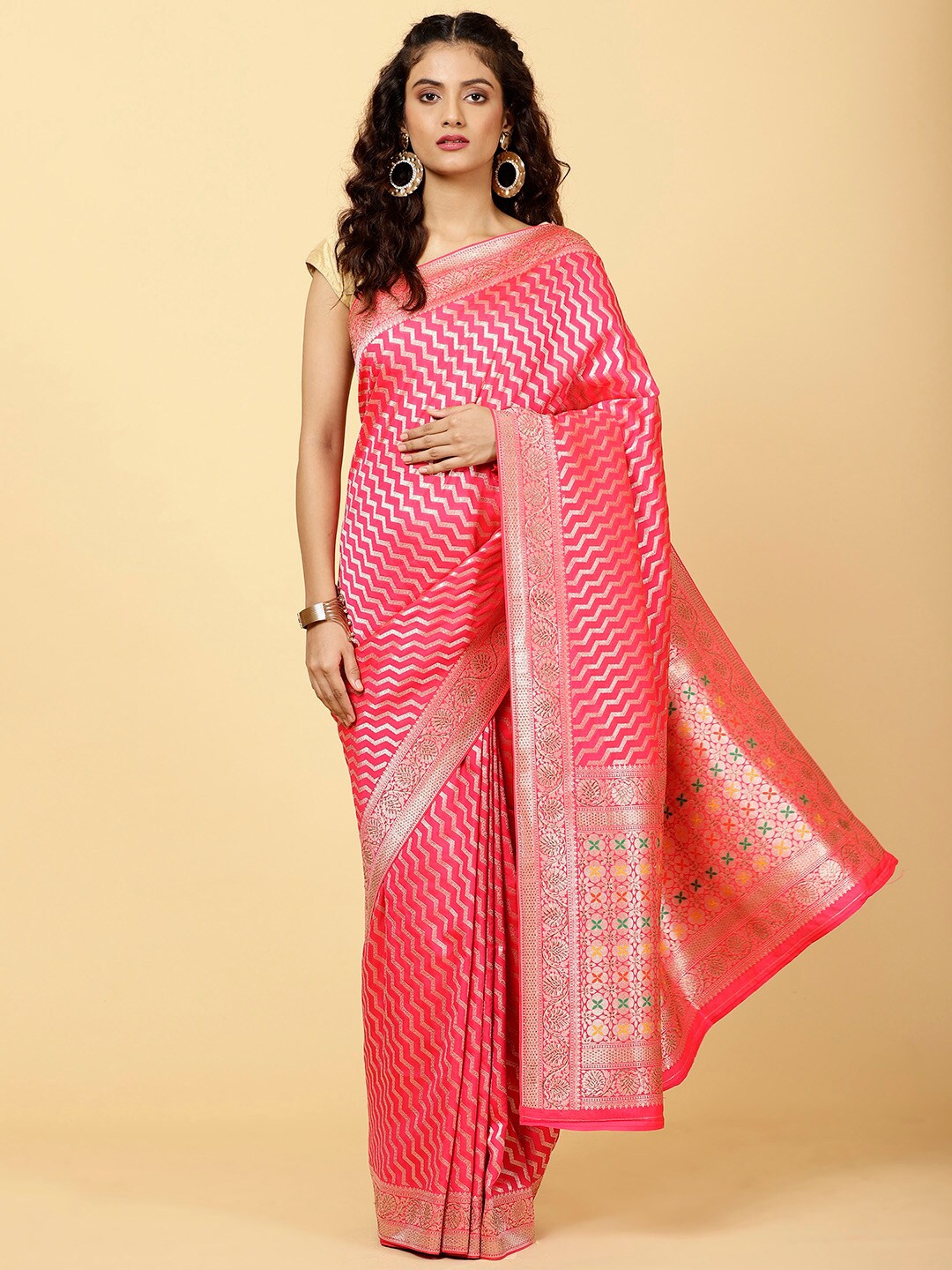 

Meena Bazaar Geometric Woven Design Zari Banarasi Saree, Pink