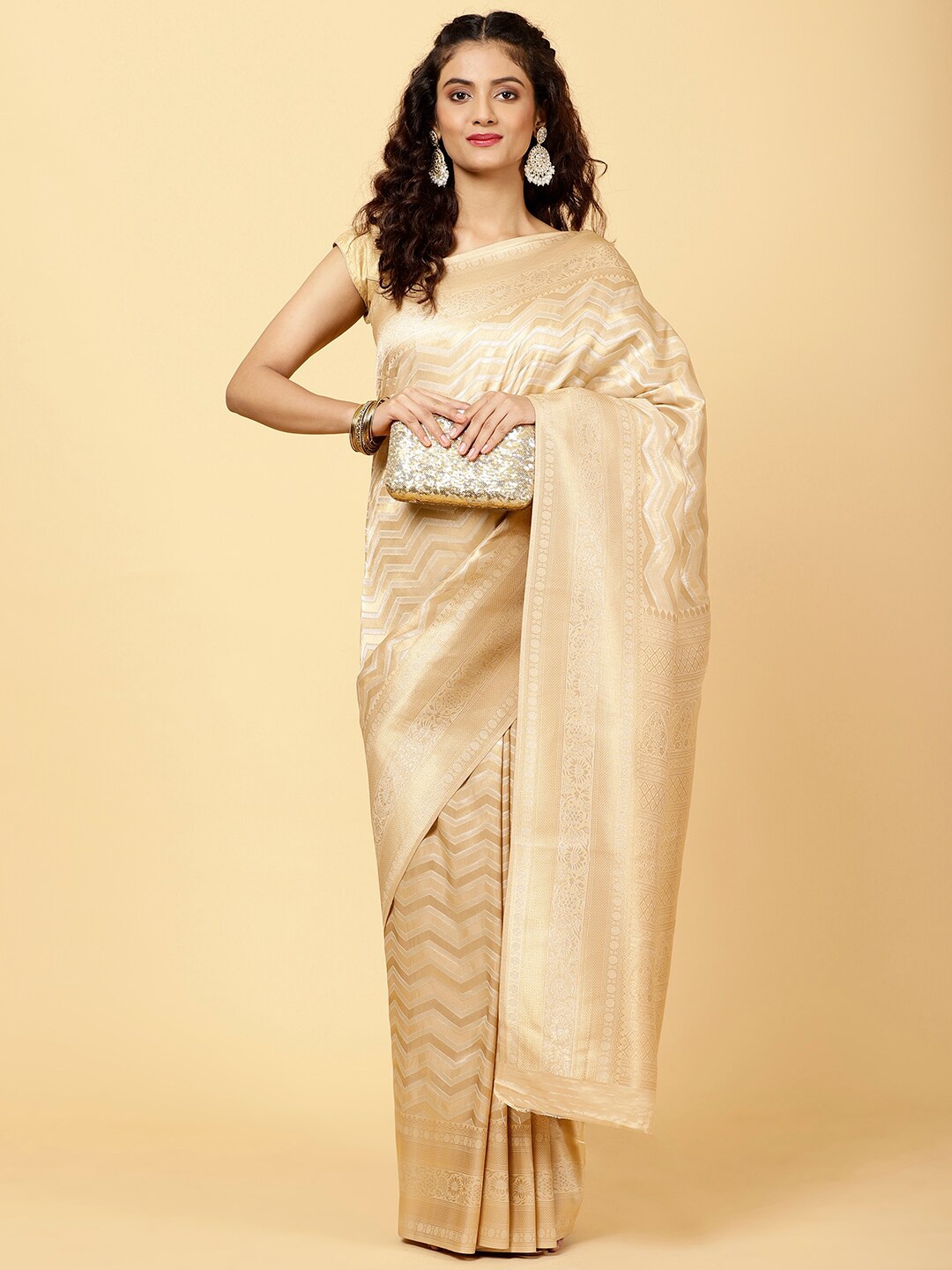 

Meena Bazaar Geometric Woven Design Zari Art Silk Saree, Beige