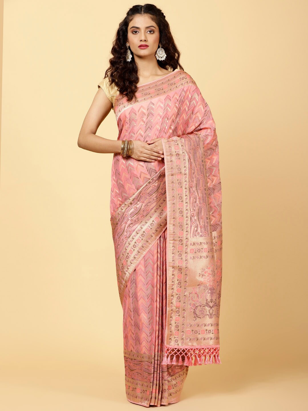 

Meena Bazaar Geometric Woven Design Zari Organza Saree, Pink