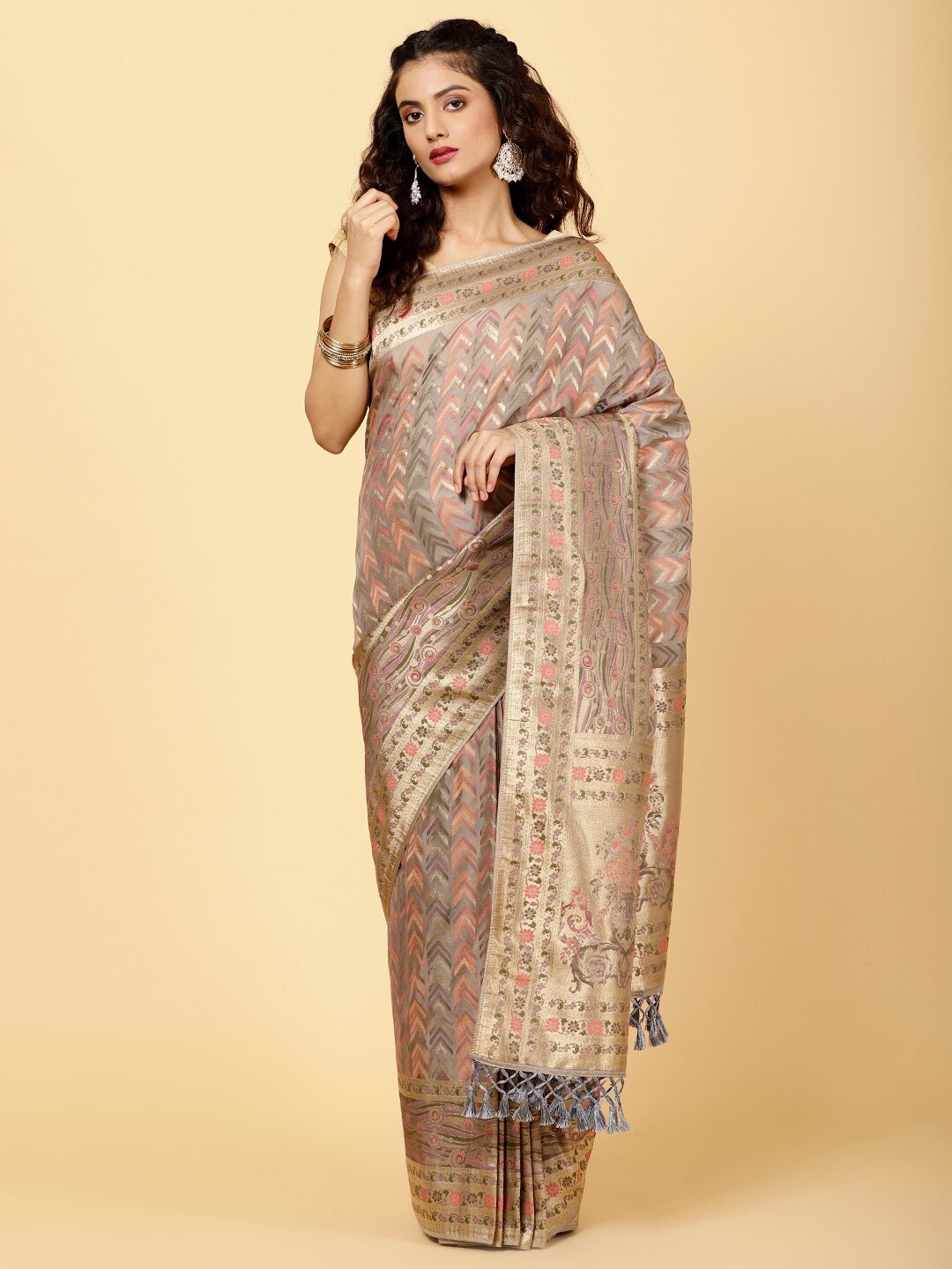 

Meena Bazaar Geometric Woven Design Zari Organza Saree, Grey