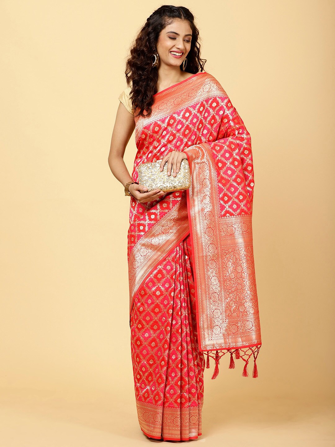 

Meena Bazaar Ethnic Motifs Woven Design Zari Saree, Red