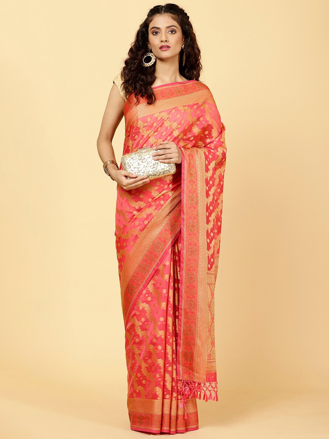 

Meena Bazaar Ethnic Motifs Woven Design Zari Saree, Pink