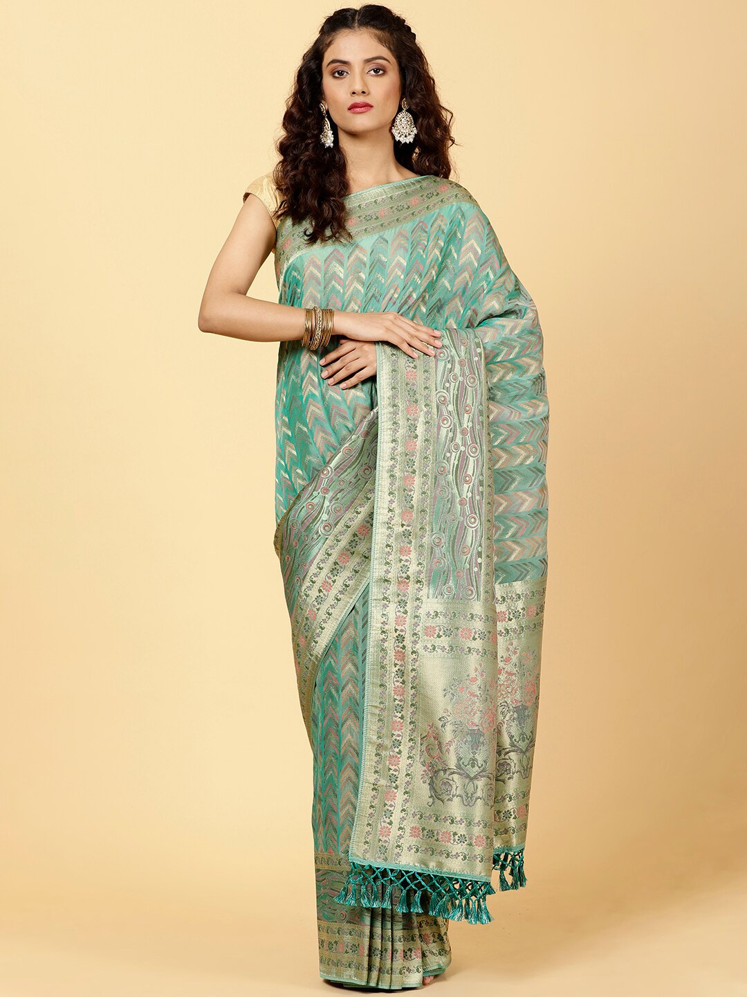 

Meena Bazaar Geometric Woven Design Zari Organza Saree, Sea green