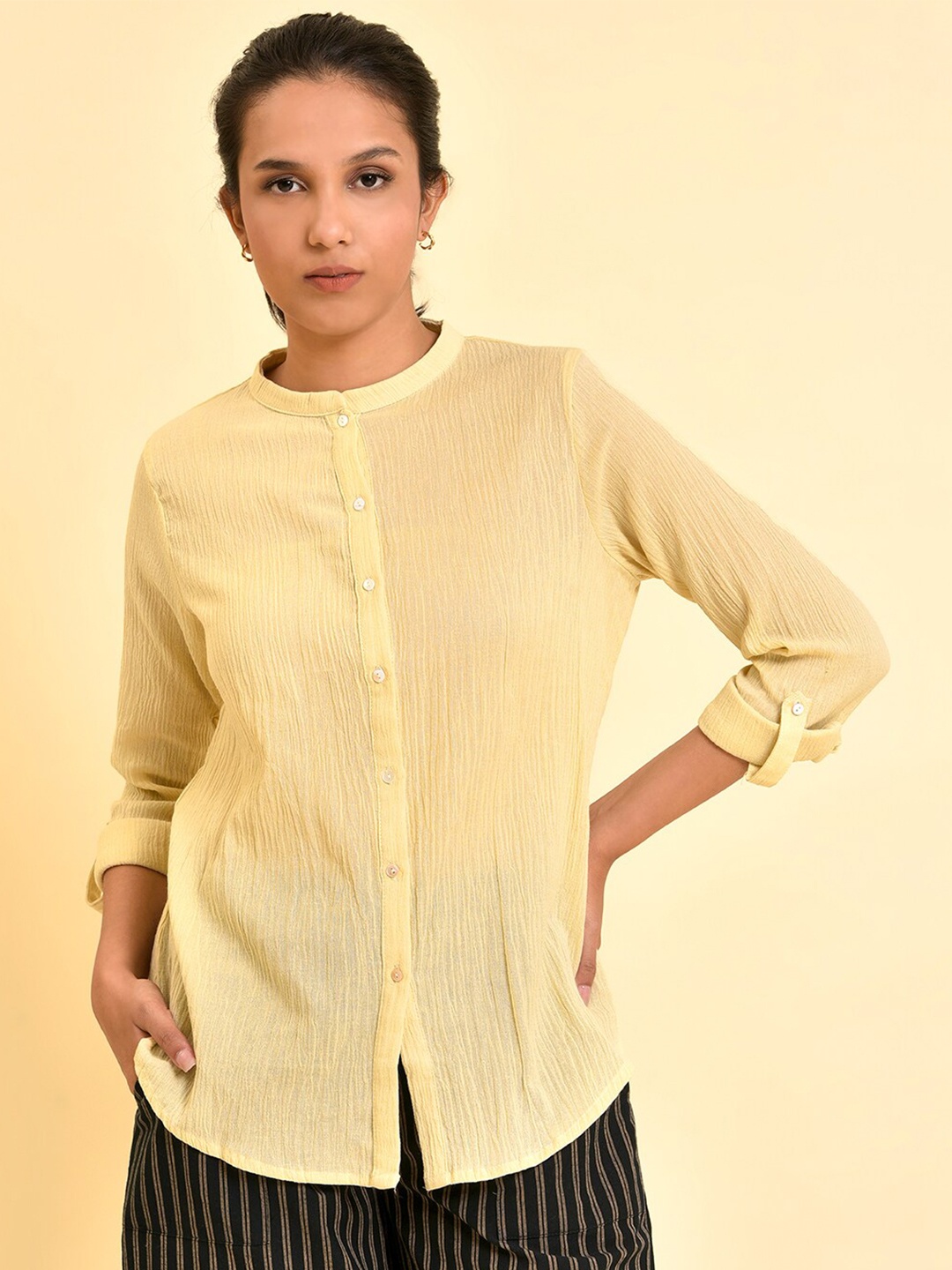 

W Mandarin Collar Cotton Shirt Style Top, Yellow