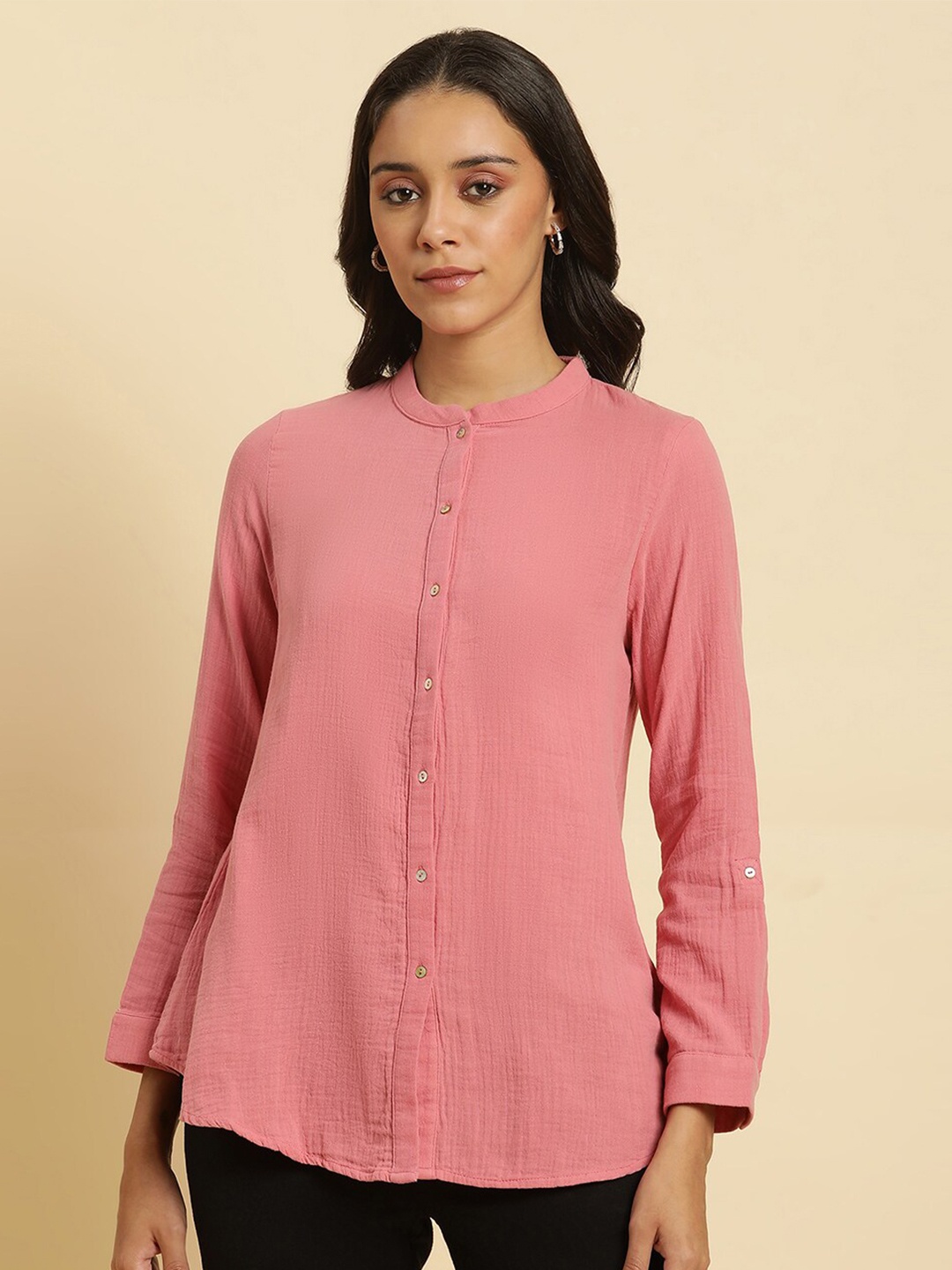 

W Mandarin Collar Cotton Shirt Style Top, Pink