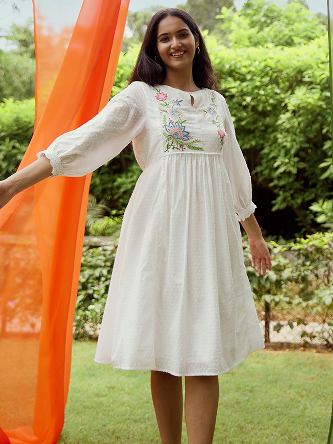 

W Embroidered Puff Sleeves Fit & Flare Midi Dress, White