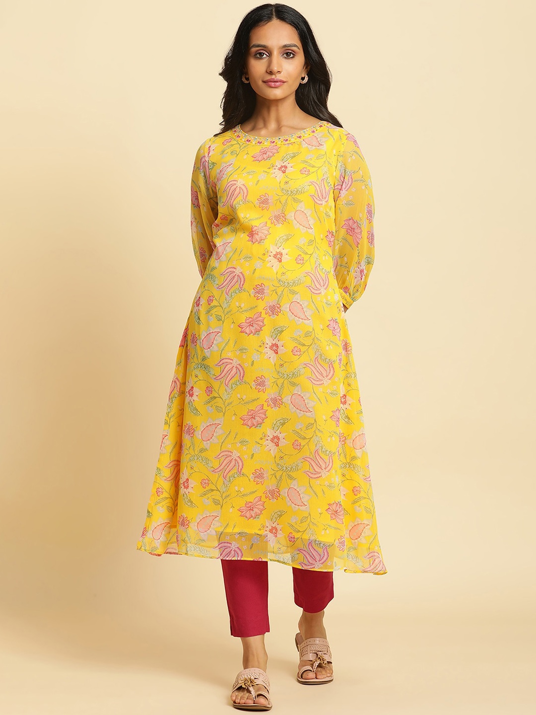 

W Floral Printed Puff Sleeves A-Line Kurta, Yellow