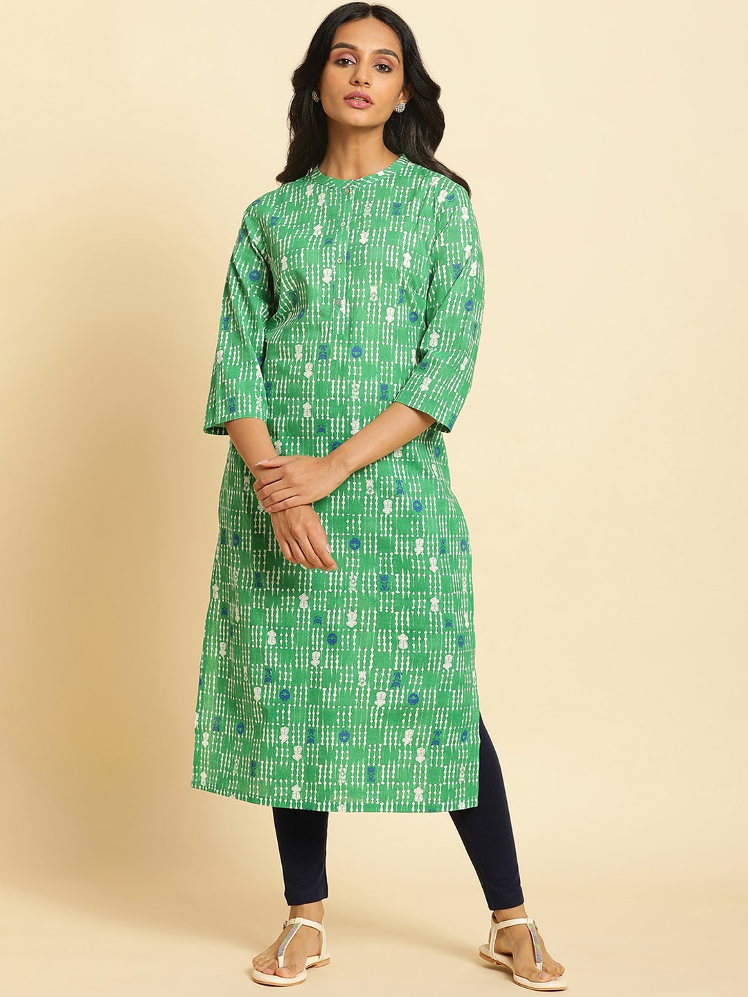 

W Geometric Printed Mandarin Straight Pure Cotton Collar, Green