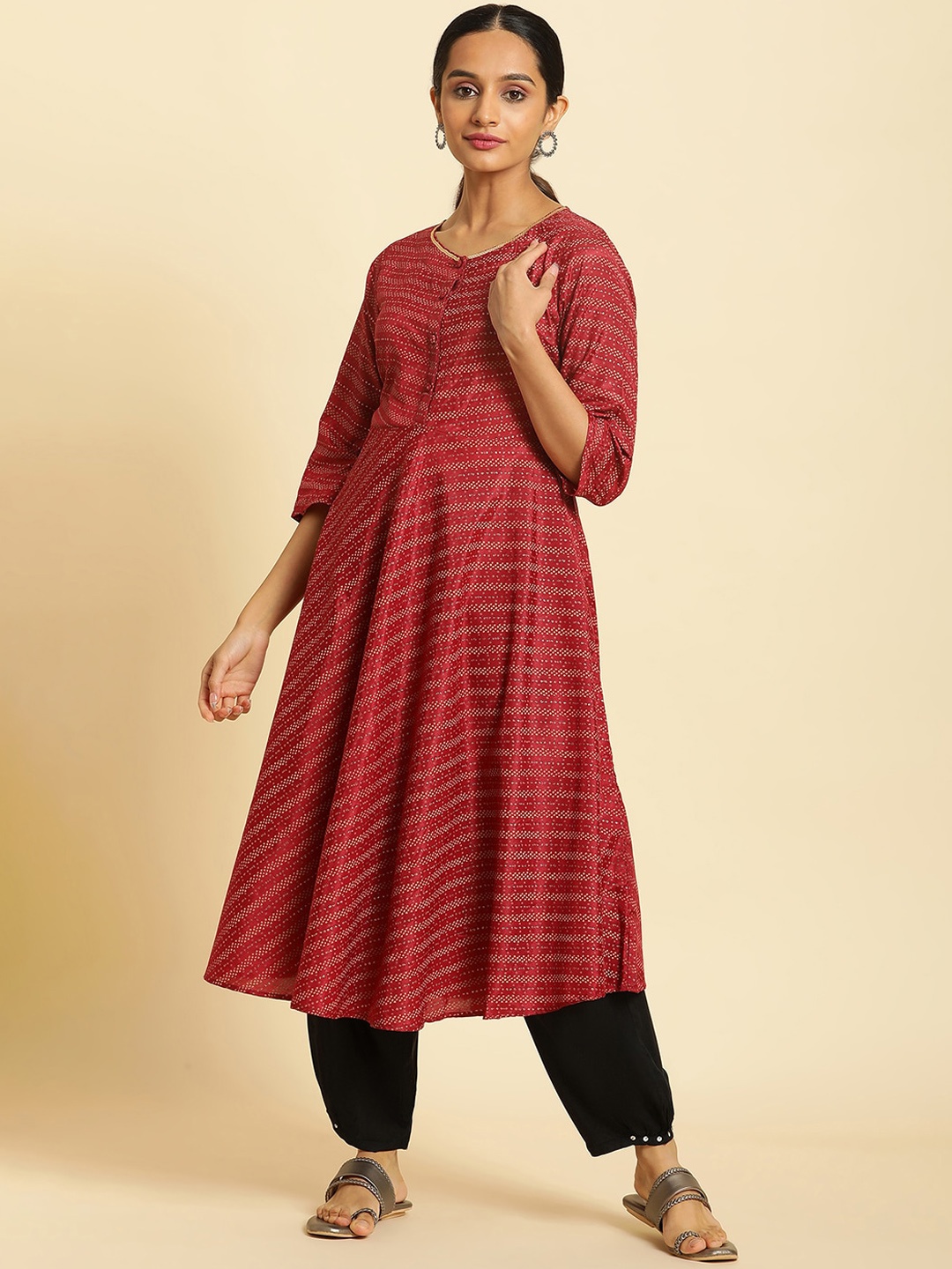 

W Abstract Printed Sequinned Details Anarkali Kurta, Red