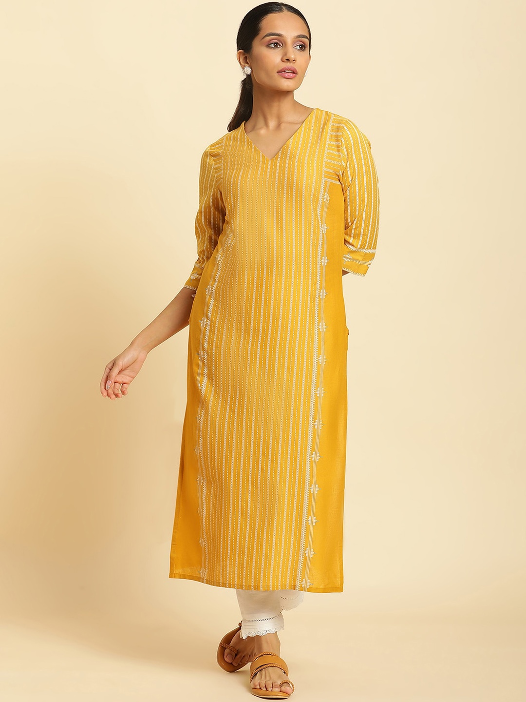 

W Striped Thread Work Kurta, Yellow