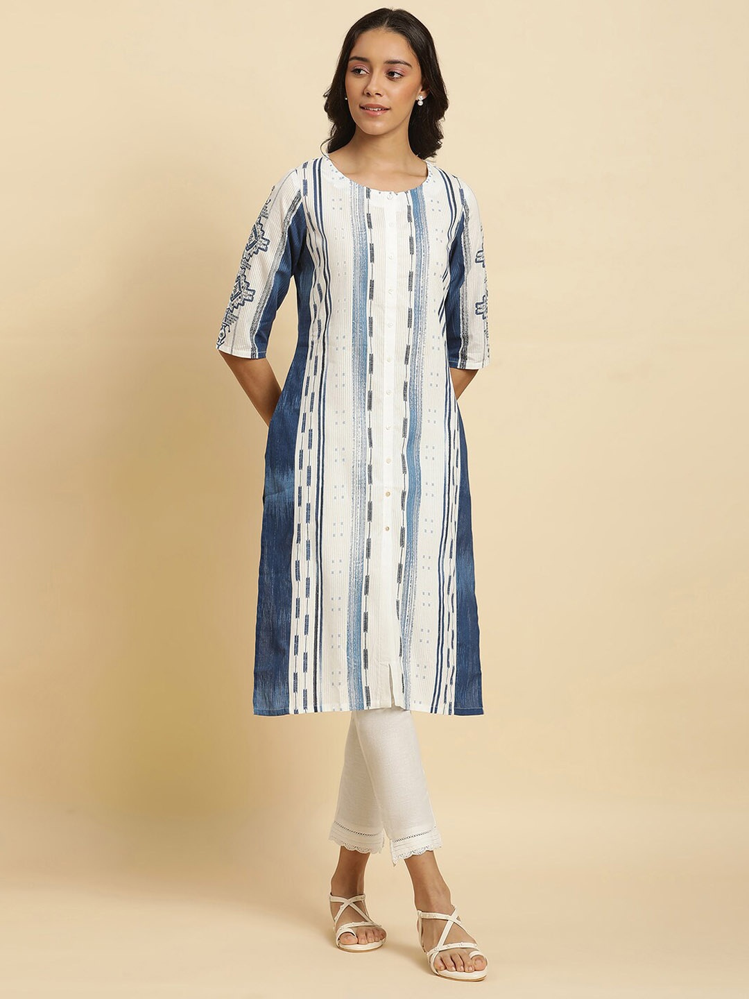 

W Geometric Printed Round Neck Straight Pure Cotton Kurta, White