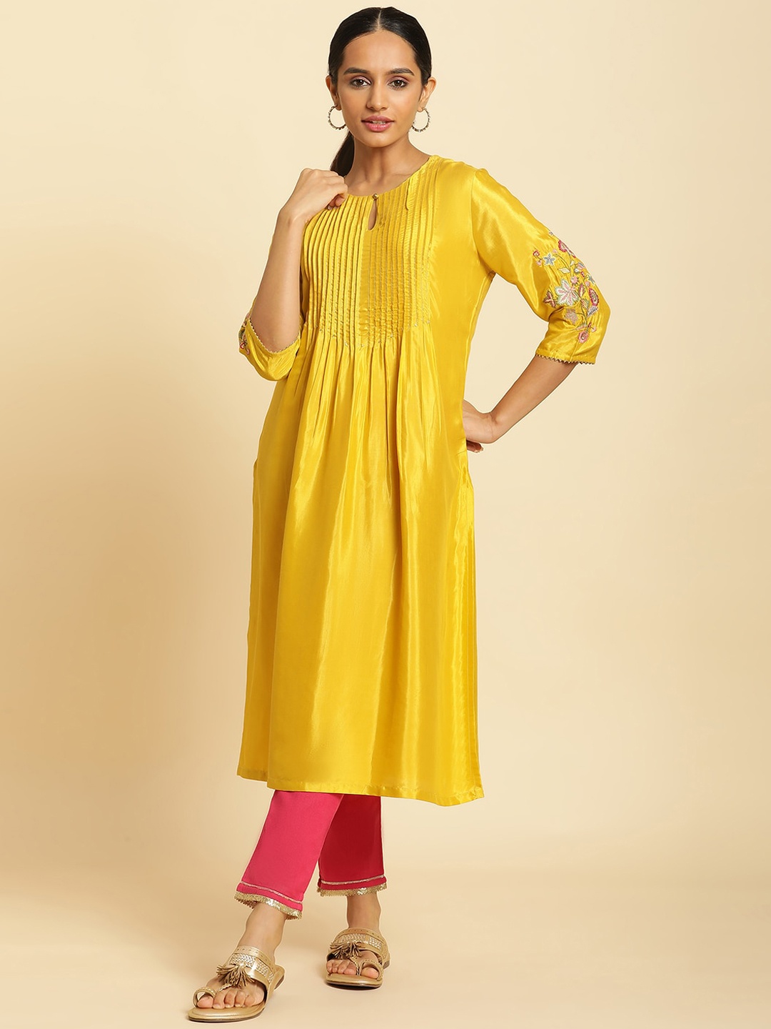 

W Keyhole Neck Thread Work Pleated A-Line Kurta, Yellow