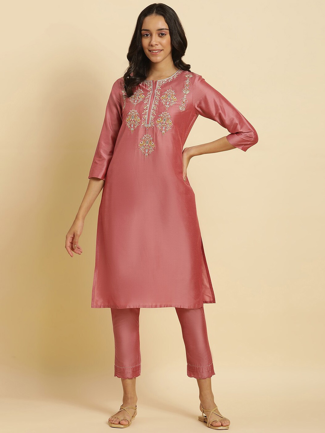 

W Ethnic Motifs Yoke Design Thread Work A-Line Kurta, Pink
